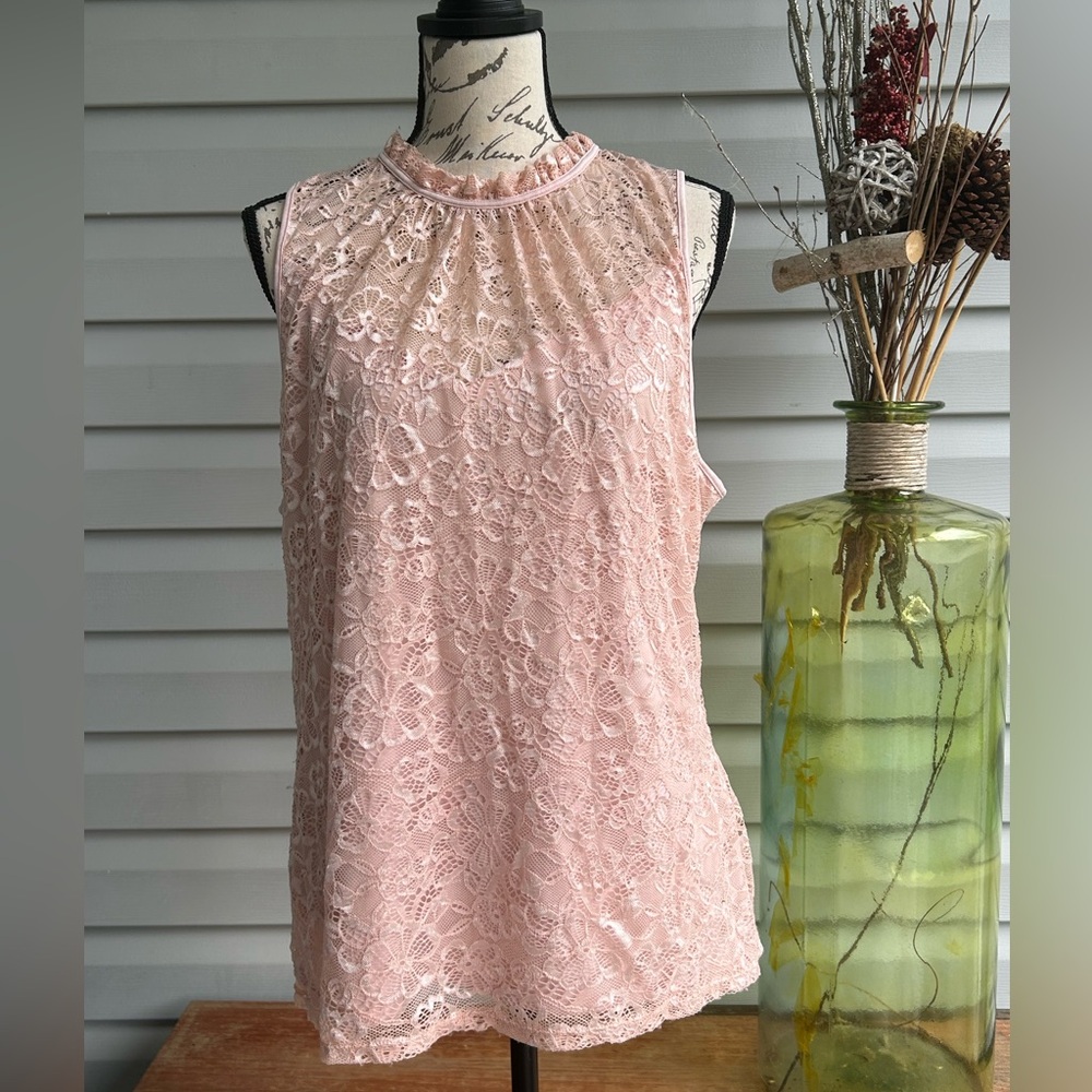 WHBM high neck lace pink blouse with shell. Size XL